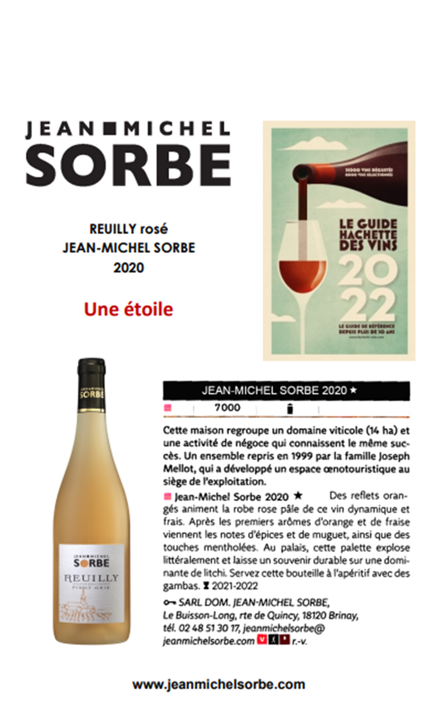 Le Reuilly Rosé Jean-Michel Sorbe recommandé dans le Guide Hachette des vins 2022
